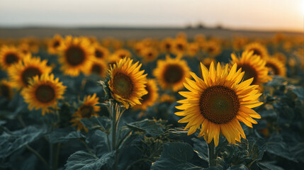 Bright yellow sunflowers blooming in field at sunset.