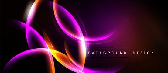 Abstract neon lines create floral shapes. Vibrant purple, orange hues contrast dark background. Modern design element.