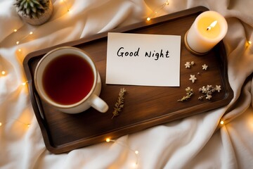Good Night message on a note with warm tea and lit candle on a wooden tray in a cozy bed for relaxation concept and evening self-care