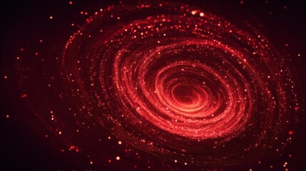 A galaxy spins in red tones with bright stars scattered throughout. Glowing particles add depth to the cosmic design. This scene captures the wonder of space.