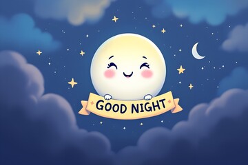 Cute cartoon moon character smiling, holding a 'Good Night' banner in a starry night sky with clouds for a peaceful bedtime concept and dreamy illustration