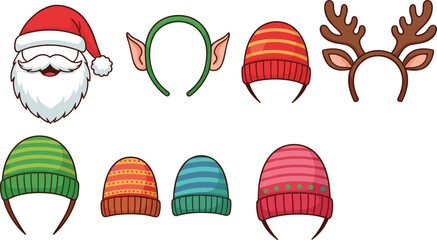 Christmas costume props collection with Santa beard, elf ears headband, reindeer antlers, winter hats, festive accessories for holiday design and decoration © Mosharaf Creative