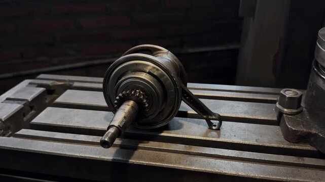 Close-up view of a worn crankshaft assembly on an industrial workbench. Motorcycle Machine Part