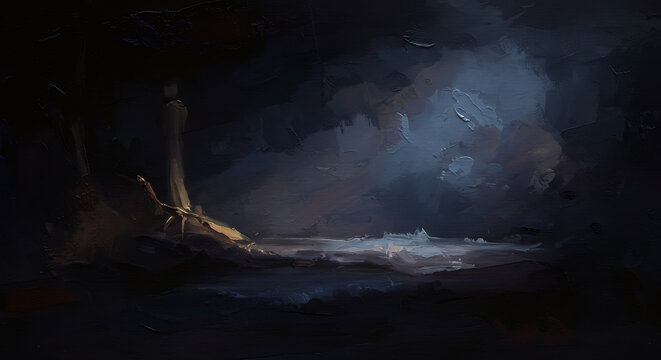 Impasto Painting of Dark Cave with Light Streaks