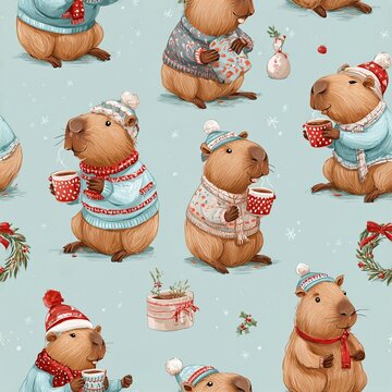 Festive capybaras wearing winter sweaters pattern