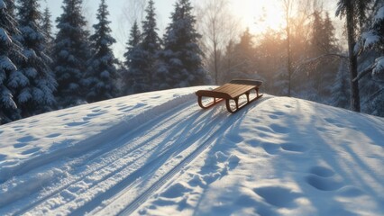 Wooden Sled Resting on Snowy Hillside in Winter Landscape.