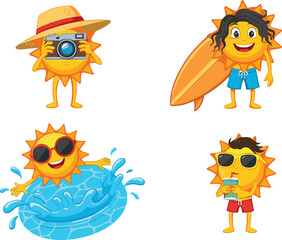 Cute cartoon sun characters enjoying fun summer activities like photography, surfing, swimming, and drinking, adorable sunshine mascot illustration set for summer designs
