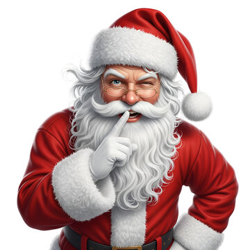 Santa Claus winking and making shhh silence gesture with finger on lips, playful mischievous secret surprise, 3D illustration isolated transparent background