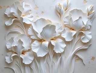 Elegant 3D wall art: white iris flowers with gold accents on a light beige stucco background. Fluid lines create a serene, sophisticated aesthetic.