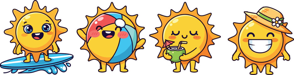 Cute cartoon sun characters enjoying fun summer activities, surfing, beach ball, coconut drink, and sunhat, adorable sunshine illustration set for summer designs