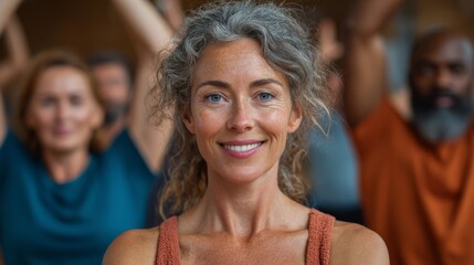 Obraz premium A diverse group of people practicing yoga, with a focus on one woman's peaceful expression