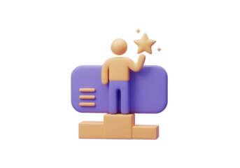A 3D icon of a successful person icon with a ranking icon, symbolizing a winner and a ranking, with a star for a top position.