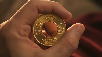 Close-up of Hand Holding Gold Coin with Hole.