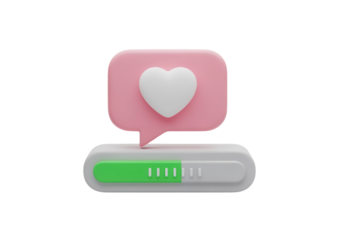 A 3D icon of a speech bubble with a heart, symbolizing social communication and positive feedback, with a progress bar for message count.