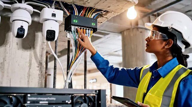 A construction worker installs security cameras and networking cables in a building