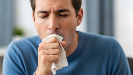 Young Man Experiencing Cold Symptoms at Home.