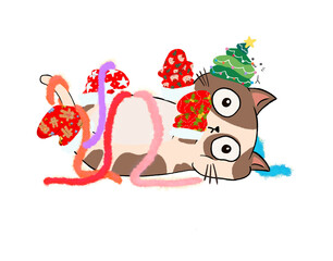 Cute Christmas Cat with Festive Hats and wear red Playful Yarn, Theme Christmas concept 
