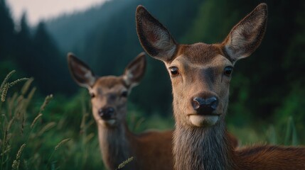 Fototapeta premium Two deer in a natural habitat, looking straight towards the camera. The deer are standing in a field with trees in the background, a natural environment