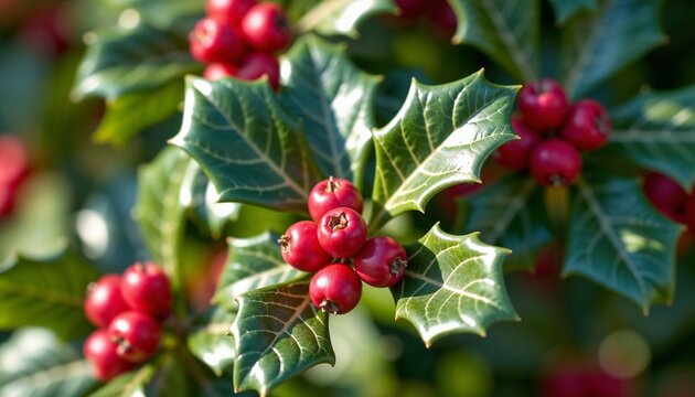 Close-up of holly leaves and red berries illuminated by sunlight - Powered by Adobe