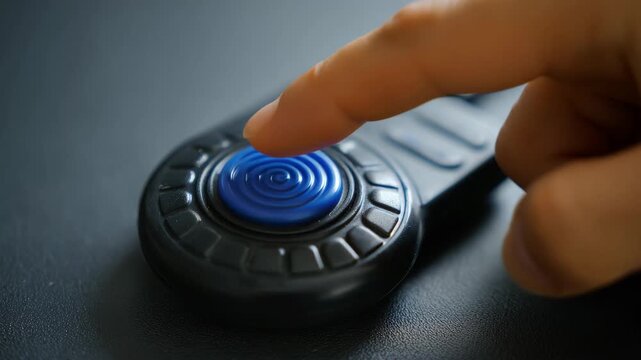 Device designed for remote control applications sits on a surface while showing a spiral blue button and red indicator light in natural light