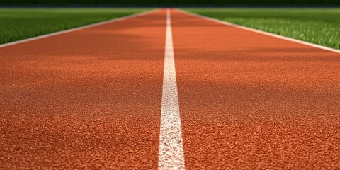  close-up of a running track with a vibrant orange surface and a white lane marker, surrounded by lush green grass.