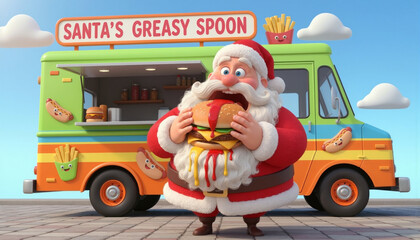 Santa Claus enjoys a giant messy burger from a colorful food truck called Santa's Greasy Spoon