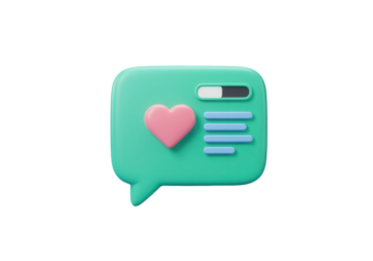 A 3D icon of a speech bubble with a heart, symbolizing social communication and positive feedback, with a progress bar for message count.