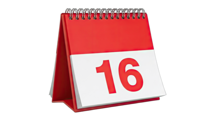 Red Desk Calendar Displaying the Number 16 on White Background