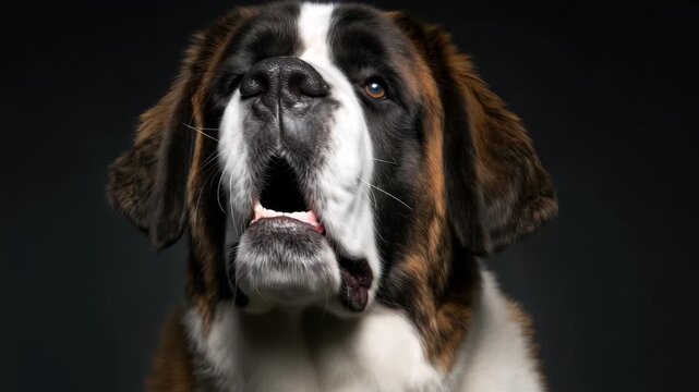 St. Bernard dog yawning calmly in a dark setting, showcasing its expressive features and large size with a focus on its face and mouth