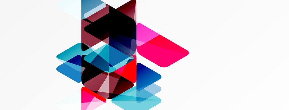 Abstract composition. Overlapping squares, rectangles, triangles create dynamic visual effect. Colors include pink, blue, black. Minimalist design.