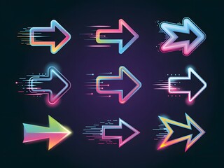 A collection of colorful neon gradient arrows with motion blur effect for futuristic design