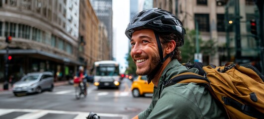 Fototapeta premium Man riding bicycle down city street.