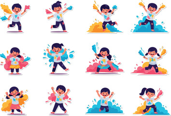 Colorful Holi Celebration with Joyful Children Vector Illustrations