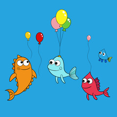 Whimsical fish characters celebrate with colorful balloons on a bright blue background
