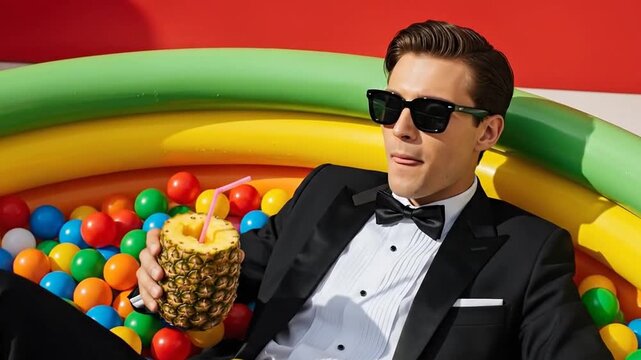Model In Tuxedo Sitting In Kiddie Pool, Drinking From Pineapple