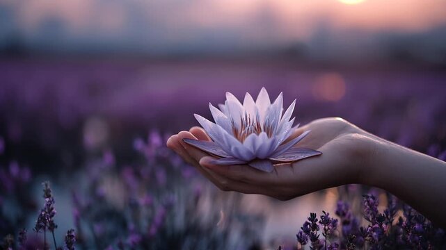 female hand holding white lotus on purple lavender field. 7th chakra crown chakra meditation. enlightenment divine connection to the universe meditation practice