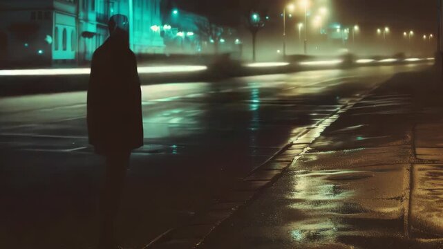 Video A person stands on the side of the street at night, possibly waiting for something or someone