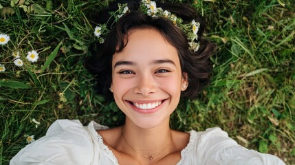 Woman smiling at camera, wearing flower crown, sitting on grass.