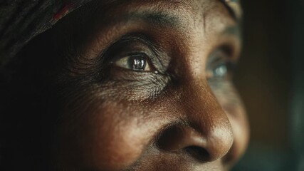 Elderly woman's expressive eyes reveal a lifetime of stories and experiences in a close-up shot showcasing her wisdom and strength