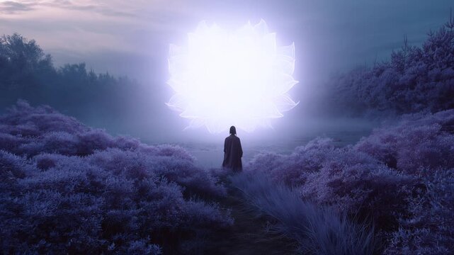 woman praying in purple lavender field in front of glowing lotus representing 7th chakra sahasrara crown chakra meditation