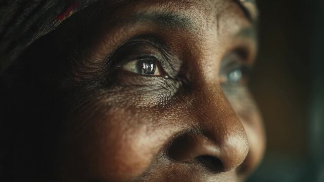 Elderly woman's expressive eyes reveal a lifetime of stories and experiences in a close-up shot showcasing her wisdom and strength