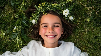 Girl smiling in grassy field with flower crown.