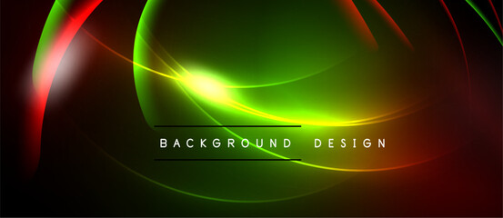 Abstract neon lines create vibrant curves. Green dominates center, red edges, black background. Modern design element.