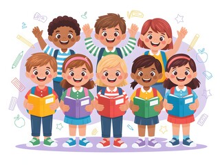 Fototapeta premium A happy group of diverse children ready for school with books and backpacks