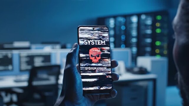 System Error Alert on Smartphone Display with Guy in Office Environment at Night