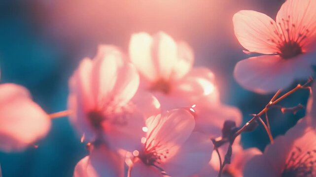 Delicate pink cherry blossoms receiving warm sunlight, creating a dreamy and ethereal spring background with a soft focus and gentle colors showing the beauty of nature