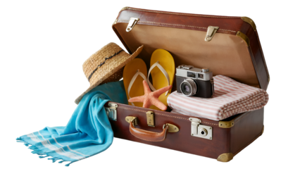 Open vintage brown suitcase packed with summer vacation essentials like a straw hat and beach towel ready for travel