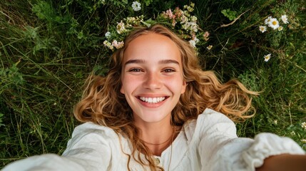 Woman posing for selfie in flower field.