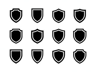Collection of different black shield icons representing security and protection