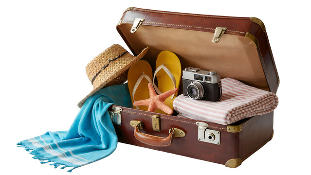 Open vintage brown suitcase packed with summer vacation essentials like a straw hat and beach towel ready for travel